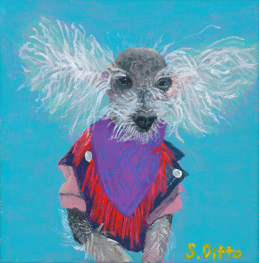 Artistic depiction of a dog with angel wings and a purple scarf on a blue background, signed 'S. Ditto'.